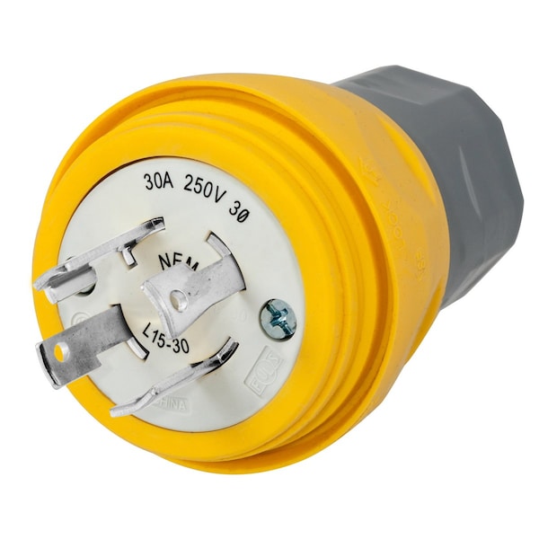 Watertight Locking Plug, L15-30P, 30 A, 250V AC, Three Phase, 3 Pole, Screw Terminals, Yellow